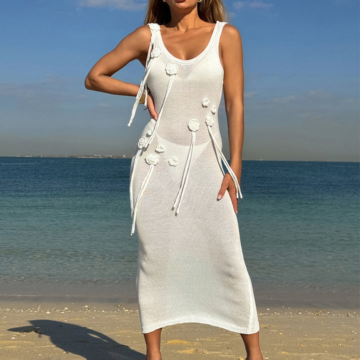 Damen Elegantes Strickkleid mit Blumenapplikationen und seitlichem Bindegürtel Drune