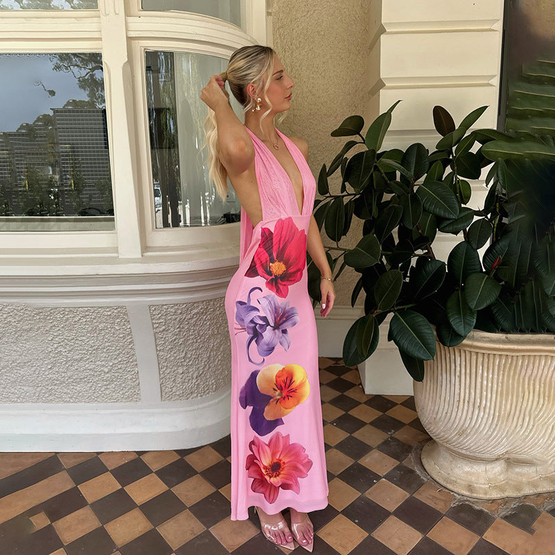 Damen Elegantes Maxikleid mit tiefem V-Ausschnitt und floralem Design Drune