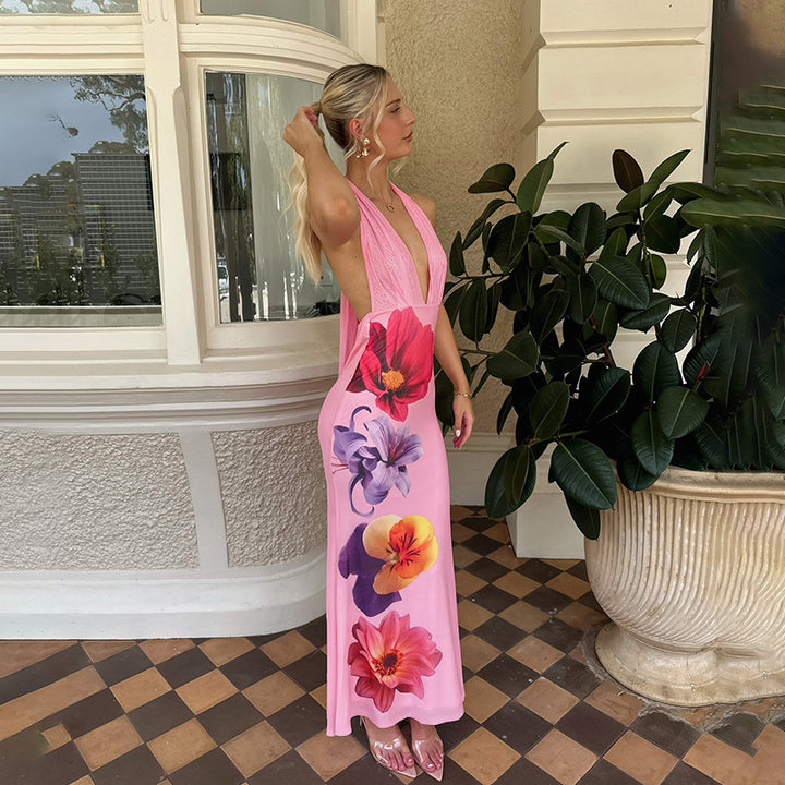 Damen Elegantes Maxikleid mit tiefem V-Ausschnitt und floralem Design Drune