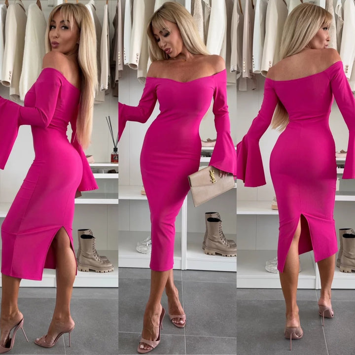 Damen Figurbetontes Kleid mit schulterfreien Ärmeln und ausgestellten Manschetten Drune