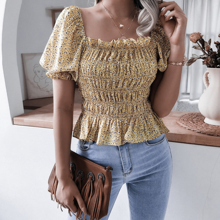 Damen Volantbluse mit elastischer Taille und Puffärmeln Drune