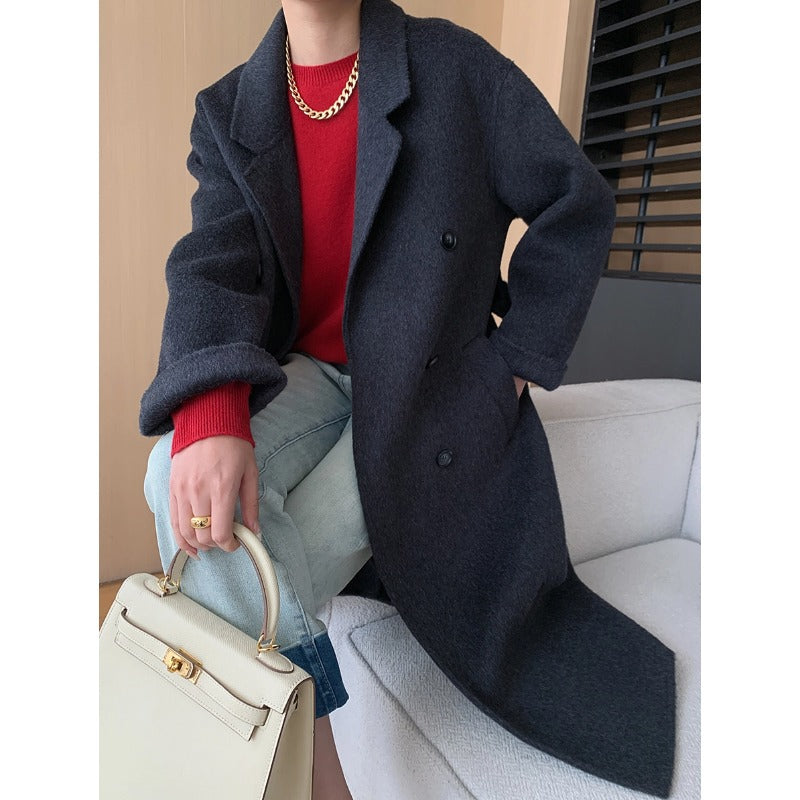 Damen eleganter Wollmantel mit doppelt-knopf Detail und weitem Schnitt Drune