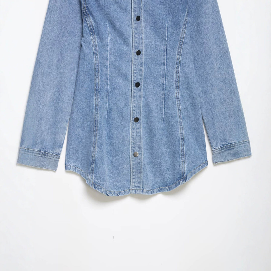 Damen Oversize Denim-Hemdjacke mit taillierten Abnähern und Druckknöpfen Drune