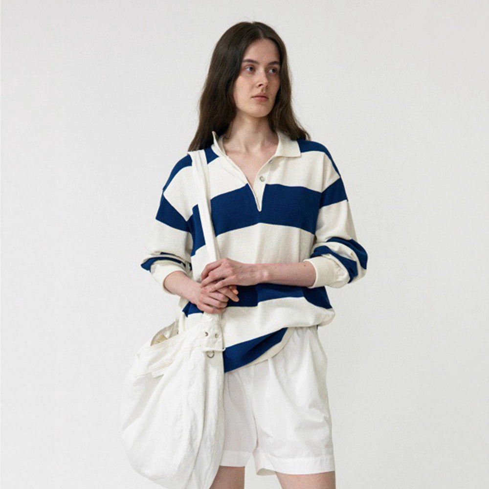 Damen Lässiges Poloshirt mit gestreiftem Design und langem Arm Drune