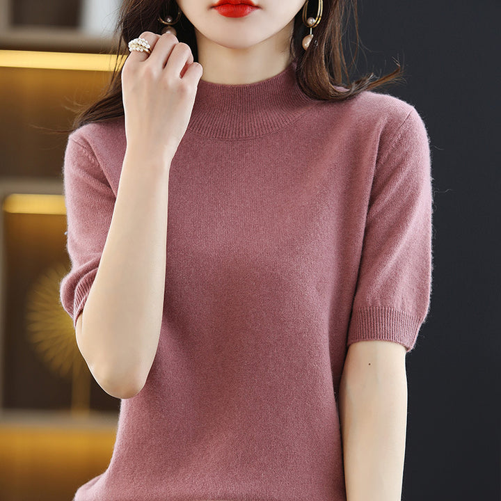 Damen Kurzärmeliger Feinstrick-Pullover mit halbem Rollkragen Drune