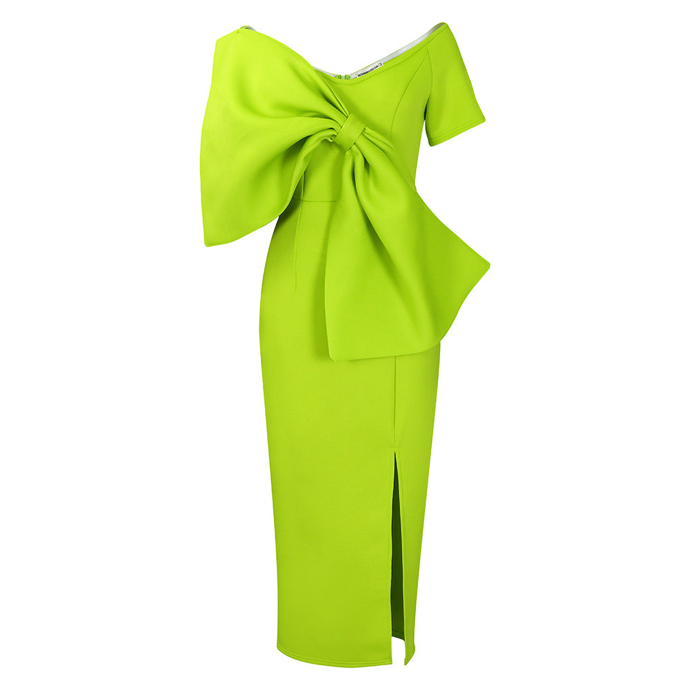Damen figurbetontes Kleid mit voluminösem Schleifen-Detail und modernem Schlitz Drune