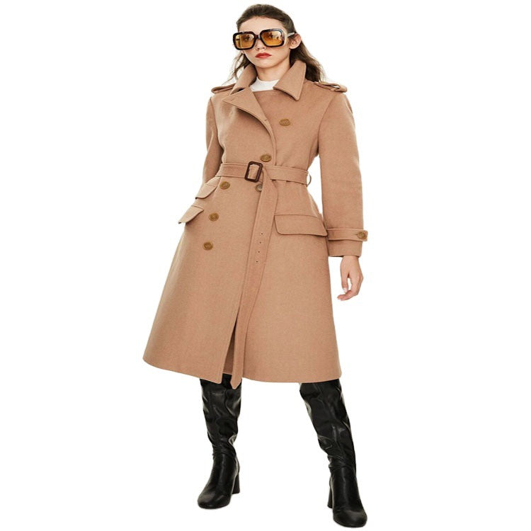 Damen taillierter A‑Linien Trenchcoat aus Woll‑Kaschmirmix mit Taillengürtel und Patten Drune