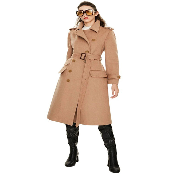 Damen taillierter A‑Linien Trenchcoat aus Woll‑Kaschmirmix mit Taillengürtel und Patten Drune