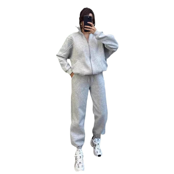 Damen Oversize Fleece-Set mit Reißverschlussjacke und weiten Jogginghosen Drune