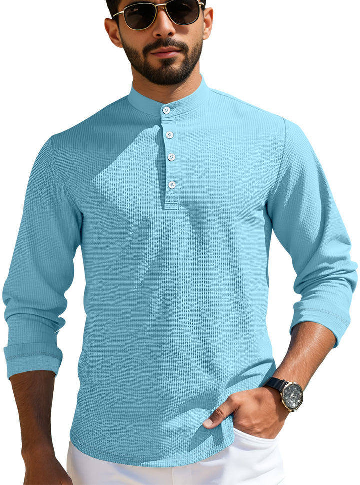 Herren nan strukturiertes Langarm-Henley mit Nehru-Kragen und Ton-in-Ton-Knopfleiste Drune