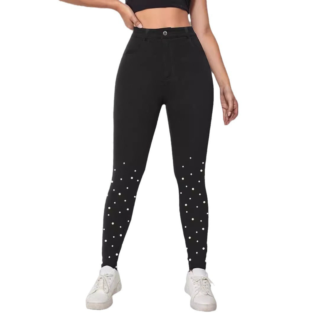 Damen High-Waist Stretch-Jeggings im Denim‑Look mit Perlen-Scatter Drune
