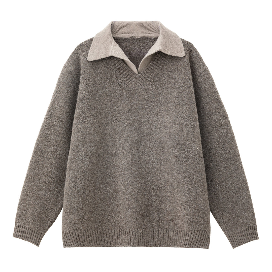 Unisex Oversize Wollmix-Strickpullover mit kontrastierendem Hemdkragen Drune