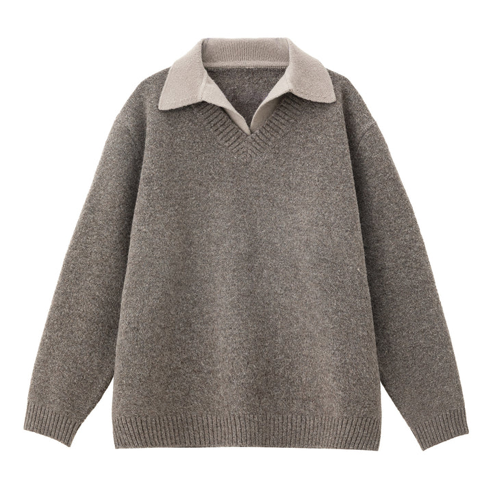 Unisex Oversize Wollmix-Strickpullover mit kontrastierendem Hemdkragen Drune