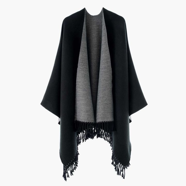 Damen Edler Umlegeponcho mit Reversoptik und Fransenabschluss Drune