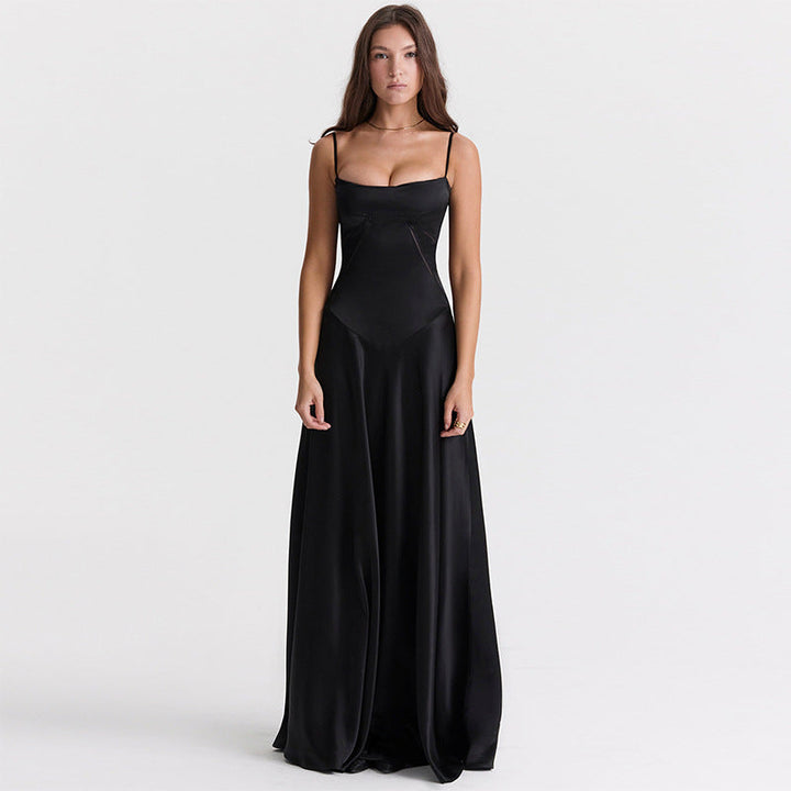 Drune | Abendkleid Satin Glanz Spaghetti Träger Rückenfrei Schmaler Schnitt Elegantes Kleid