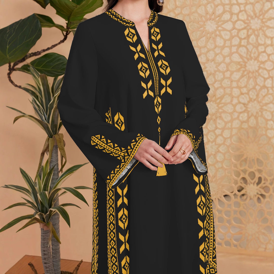 Damen Kaftan-Kleid mit kunstvollem besticktem Design und elegantem V-Ausschnitt Drune