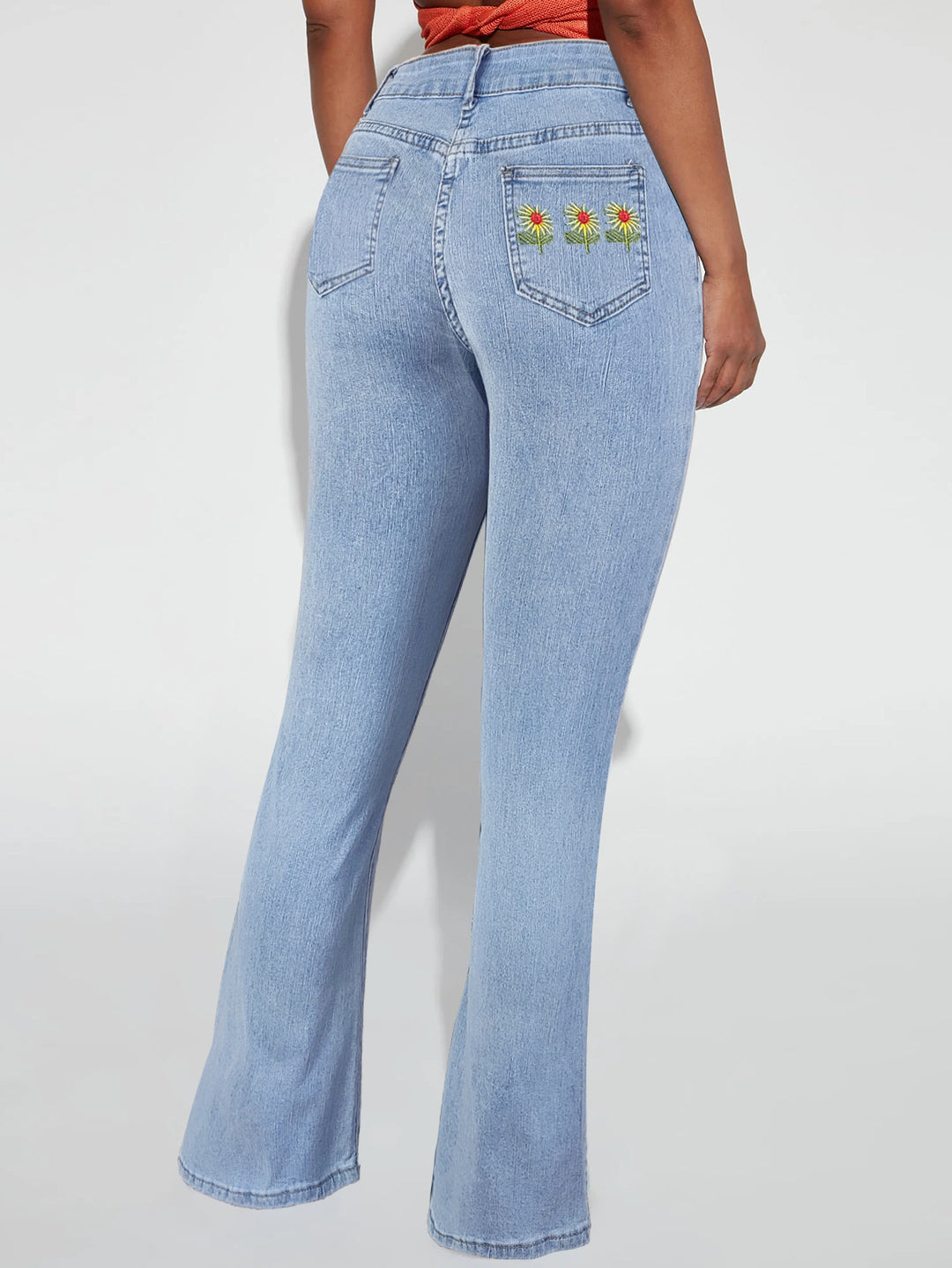 Damen hochgeschnittene schmal zulaufende ausgestellte Jeans mit taillenformendem Bund Drune