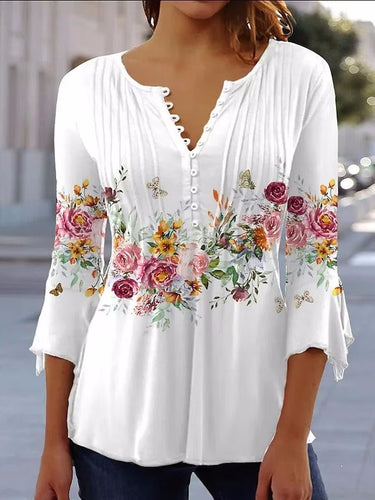 Damen nan luftige Tunika-Bluse mit Aquarell-Blumenbordüre, Kellerfalten und Dreiviertelärmeln Drune