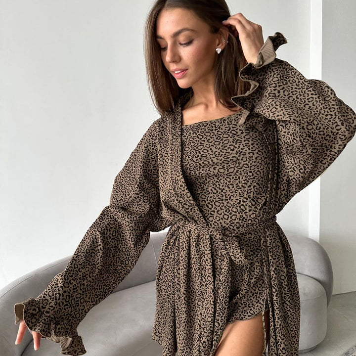 Damen modisches und elegantes Set aus Oberteil und Shorts im Animal-Print Drune