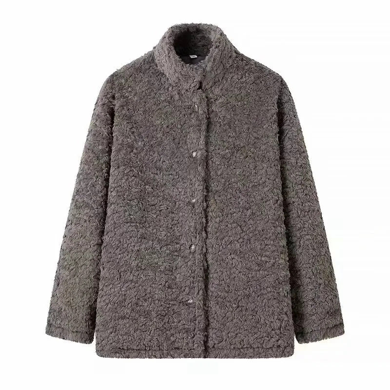 Damen nan kastige Teddyjacke mit Stehkragen, Druckknopfleiste und wärmender Microfleece-Qualität Drune