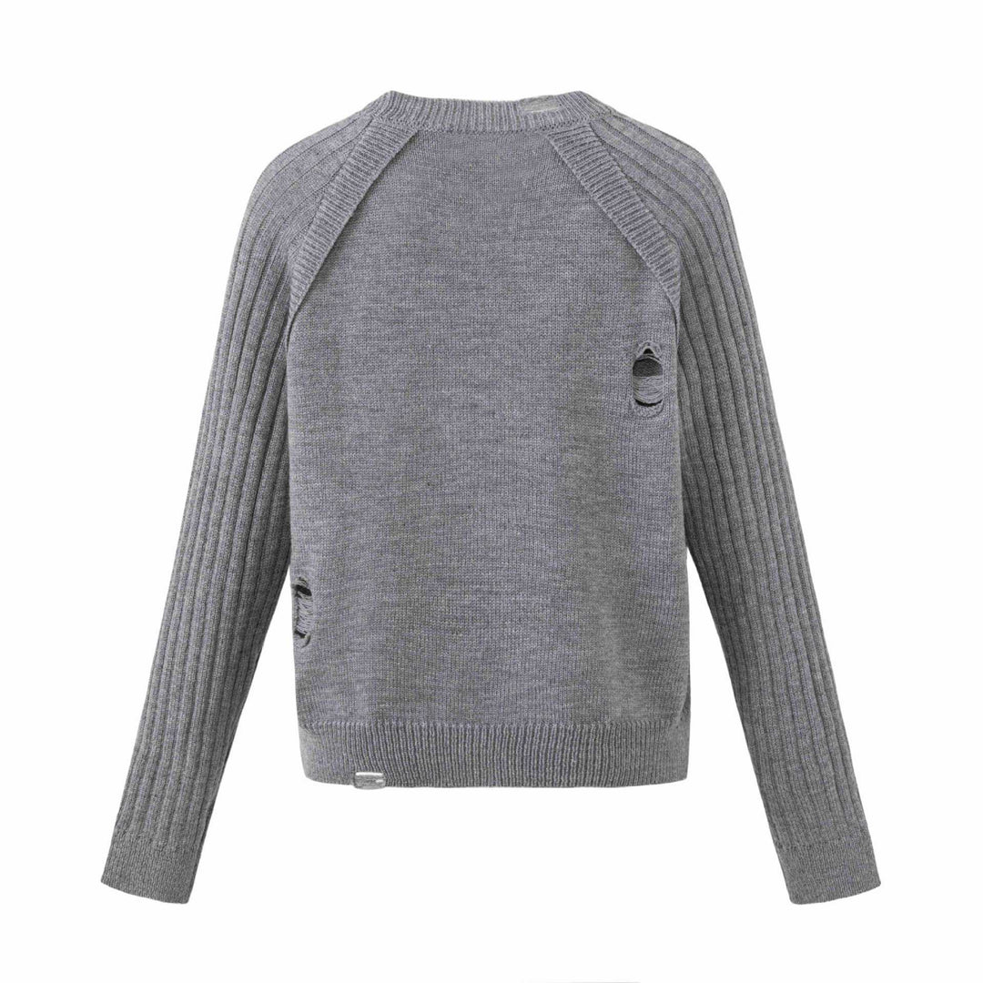 Damen Grobgestrickter Distressed Raglanpullover mit Retro-Grafikprint Drune