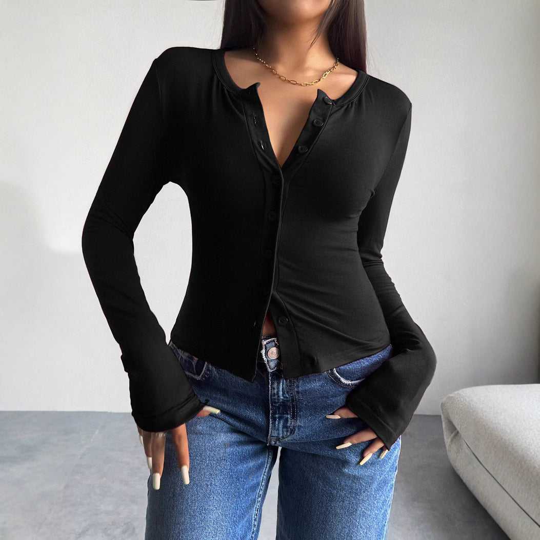 Damen figurbetontes Langarm-Top mit Knopfdetails Drune