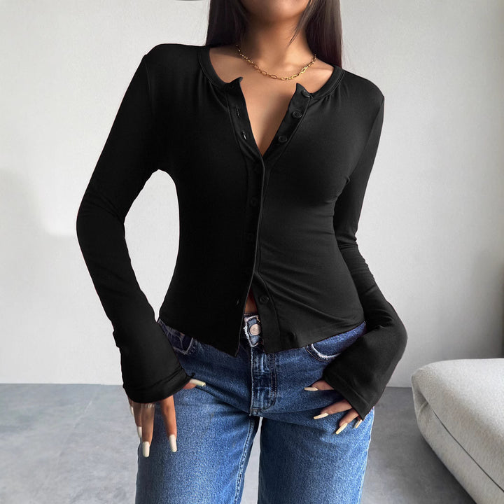 Damen figurbetontes Langarm-Top mit Knopfdetails Drune