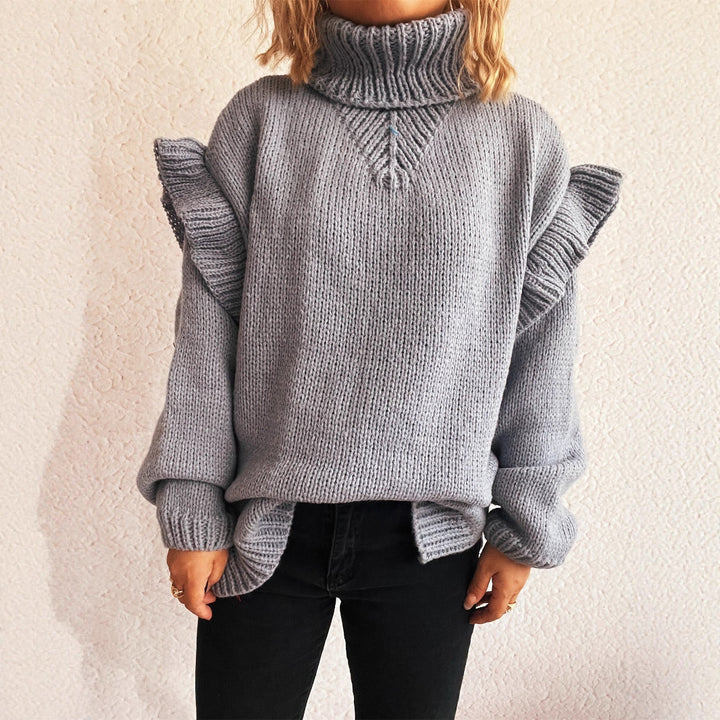 Damen kuscheliger Strickpullover mit Rüschenärmeln und hohem Kragen Drune