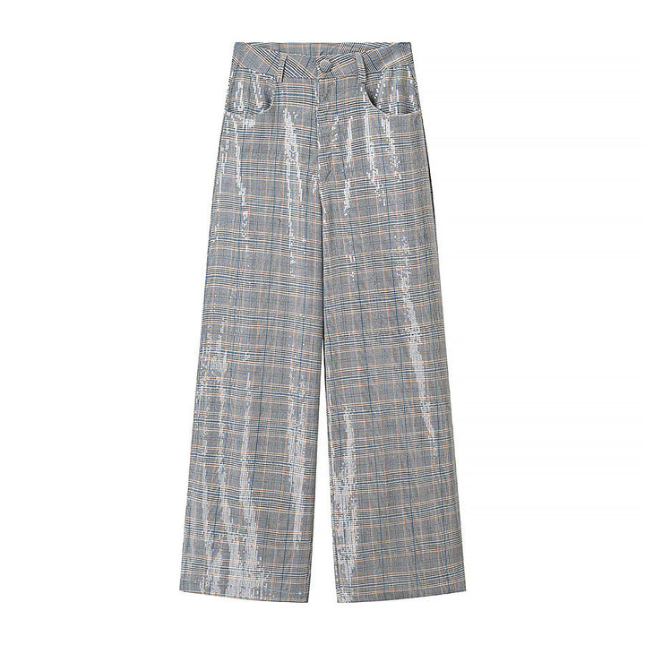 Damen Zweiteiliges Glencheck-Blazer- und Weite-Hosen-Set mit metallischem Glanz Drune