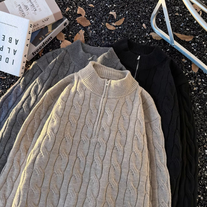 Unisex Oversize-Zopfmuster-Halbzip-Pullover mit extra hohem Rippkragen und schwerer Baumwollmischung Drune