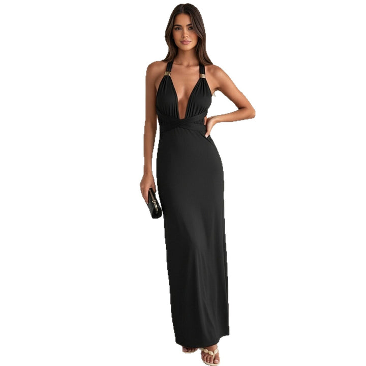 Damen Elegantes Maxikleid mit tiefem V-Ausschnitt und dekorativen Trägern Drune