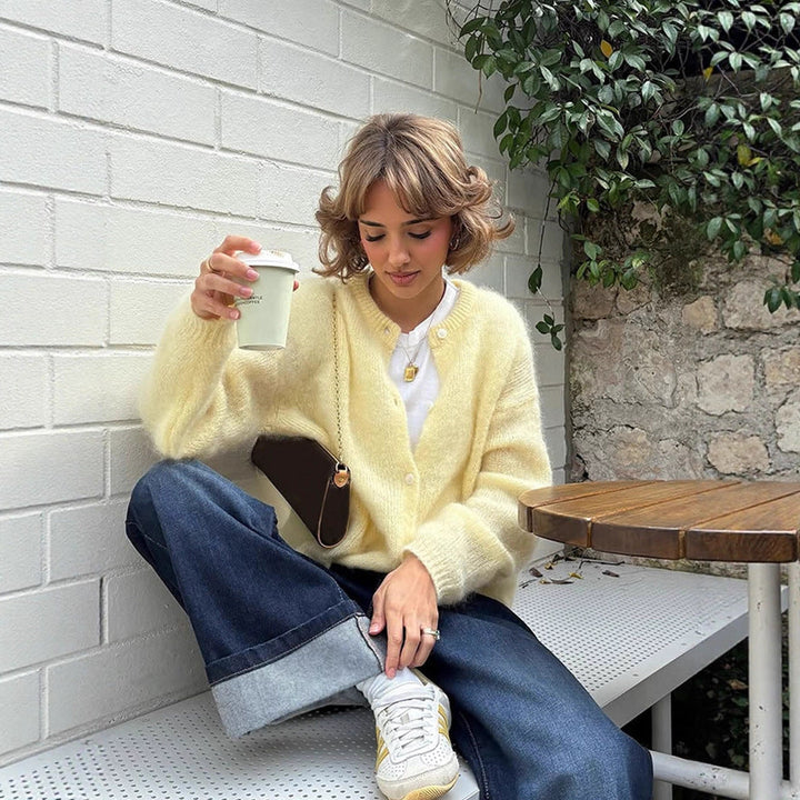 Damen weicher Strickcardigan mit großen Puffärmeln Drune