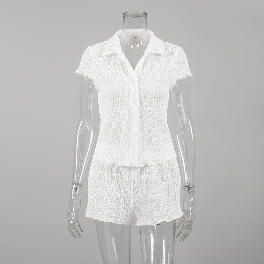 Damen Freizeit-Pyjama-Set mit strukturiertem Oberteil und Shorts Drune