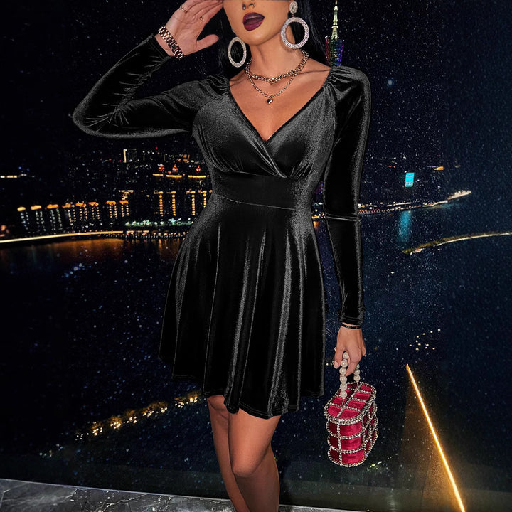 Damen Samt-Wickelkleid mit taillierter Silhouette, V-Ausschnitt und ausgestelltem Rock Drune