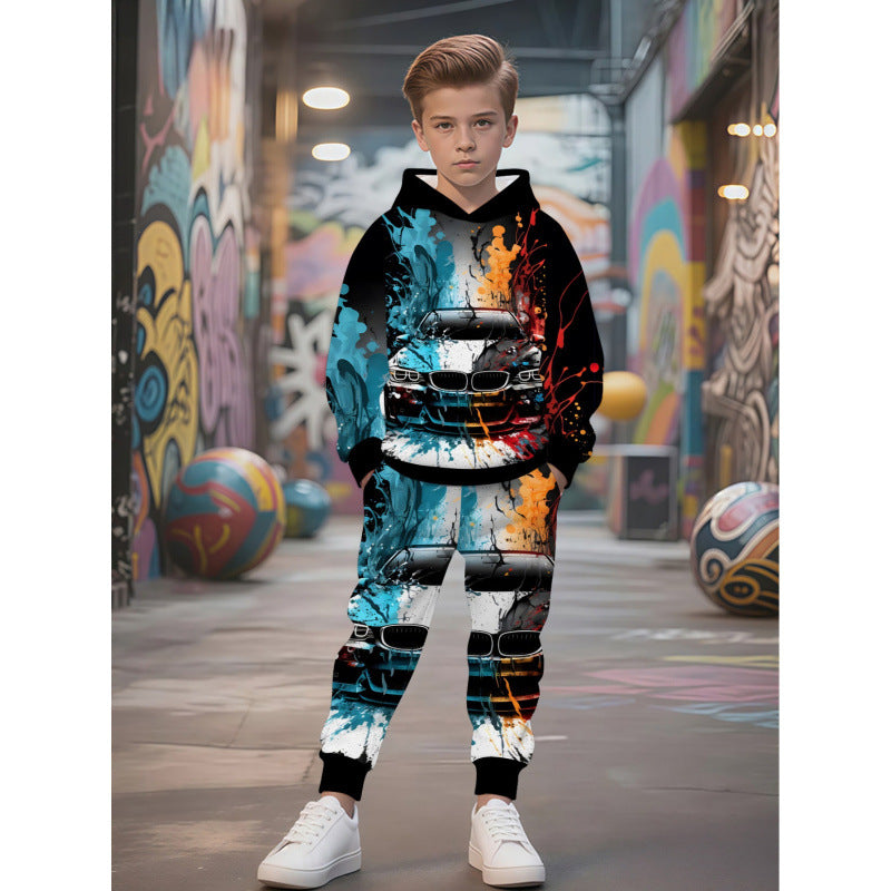 Unisex nan Kinder Jogginganzug mit Kapuzenpullover und detailreichem Auto-Print Drune