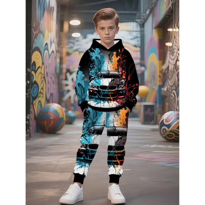 Unisex nan Kinder Jogginganzug mit Kapuzenpullover und detailreichem Auto-Print Drune