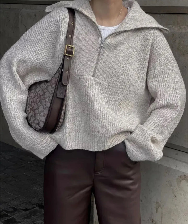 Damen modischer Strickpullover mit hohem Kragen und Reißverschluss Drune