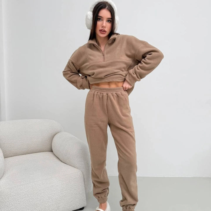 Damen Kuscheliges Fleece-Loungewear-Set mit halbem Reißverschluss und elastischer Jogginghose Drune