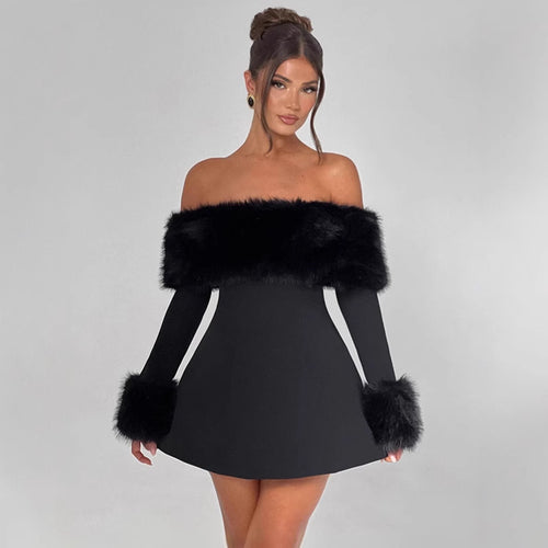 Damen Offshoulder-Kleid mit luxuriöser Futterverzierung und schwingendem Rock Drune
