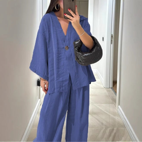 Damen nan lockeres Leinenoptik-Zweiteiler mit Kimono-Blazer und weitem Palazzo-Hose Drune