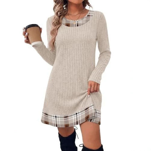 Damen Gerippte Longshirt‑Kleid mit Karierter Saum‑ und Ausschnittblende Drune