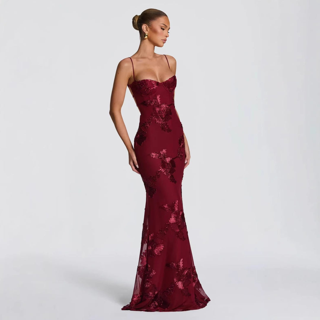 Damen figurbetontes Abendkleid mit floralem Stickdesign und hochwertigem Stoff Drune