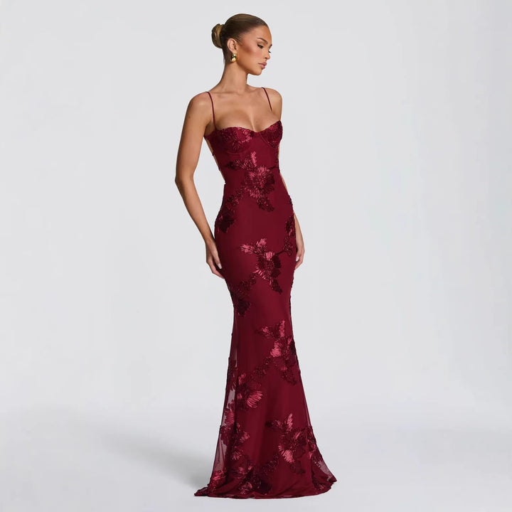 Damen figurbetontes Abendkleid mit floralem Stickdesign und hochwertigem Stoff Drune