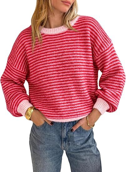 Damen Gestreifter Rippstrick-Pullover mit Kontrast-Bündchen Drune