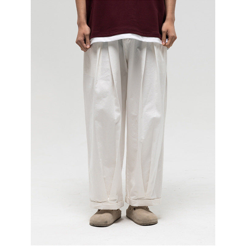 Damen Weite High‑Waist Bundfalten-Hose mit elastischem Kordelbund und gekrempeltem Saum Drune