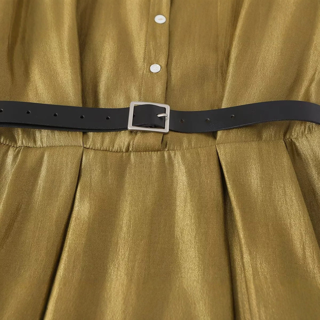 Damen Ärmelloses Hemdblusenkleid mit Taillenfalten und Gürtel Drune
