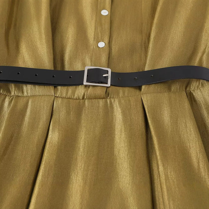 Damen Ärmelloses Hemdblusenkleid mit Taillenfalten und Gürtel Drune