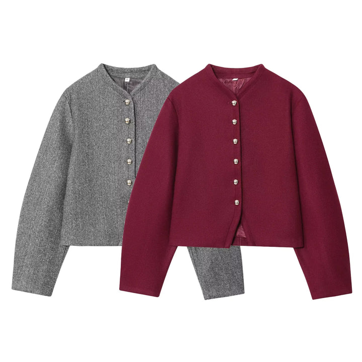 Damen nan kurz geschnittene Wolloptik-Jacke mit Stehkragen, gefütterter Innenlage und polierten Metallknöpfen Drune