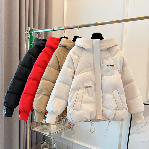 Damen Modische Kurze Daunenjacke mit Kapuze und praktischen Taschen Drune