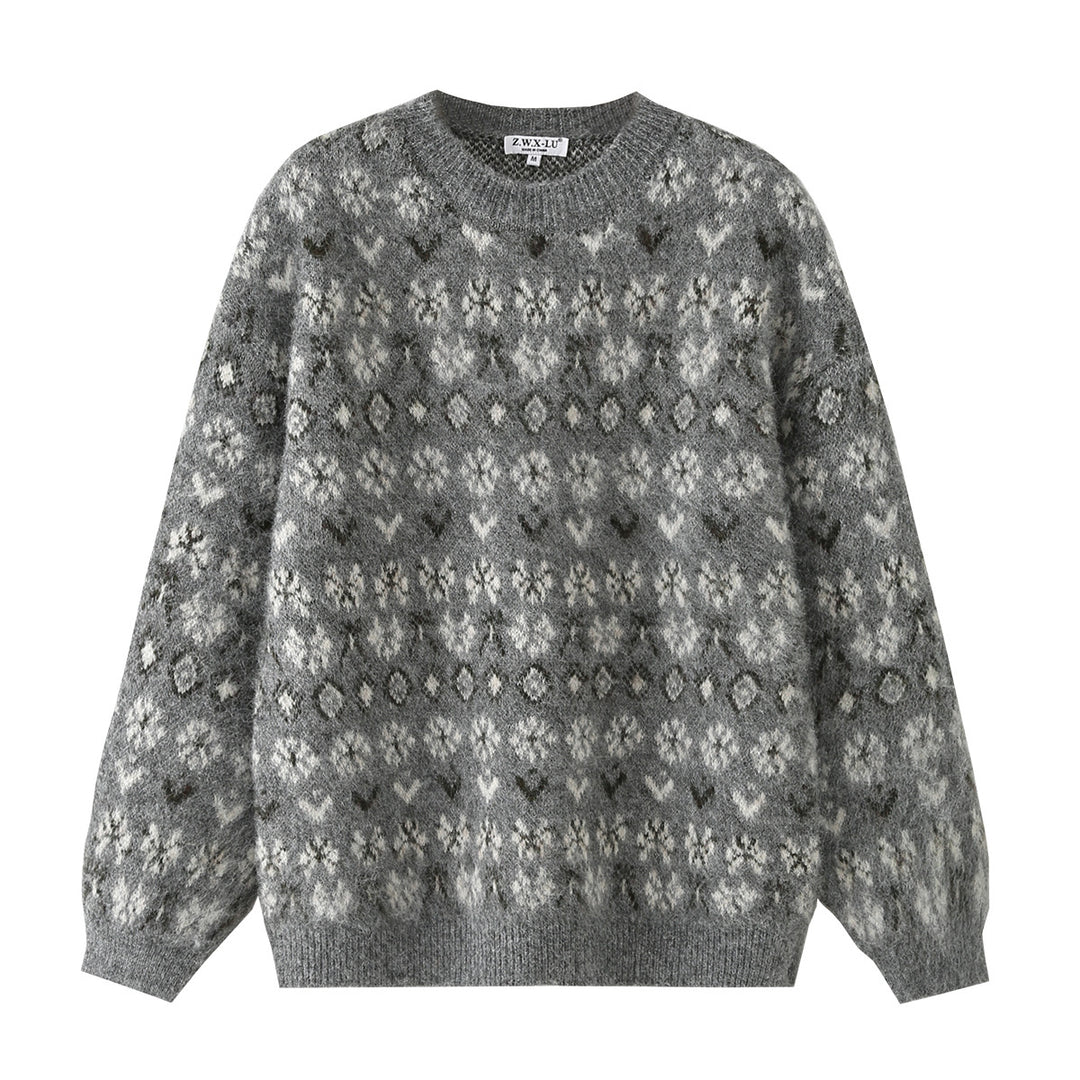 Damen Oversize Mohair-Mix Pullover mit Rundhals und Fair-Isle-Muster Drune